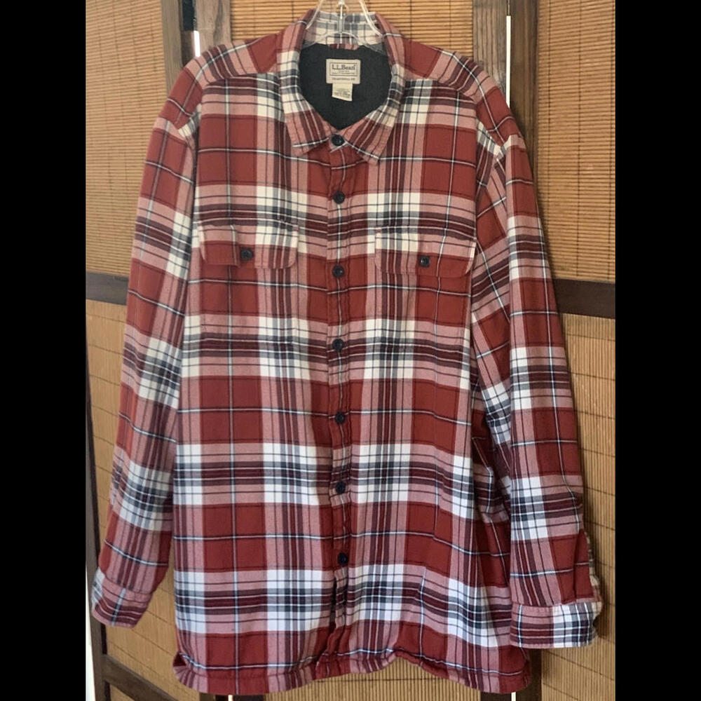 LL Bean Fleece Lined Flannel Shirt Mens XXL Red Plaid